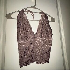 Brown Backless Lace Halter Top - S